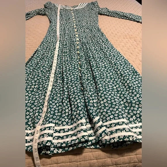Vintage Green Floral Button-Down Dress Prairie Style 80s - Picture 9 of 9